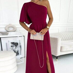 Hot Pink Preppy Womens One Shoulder Split Thigh Dress